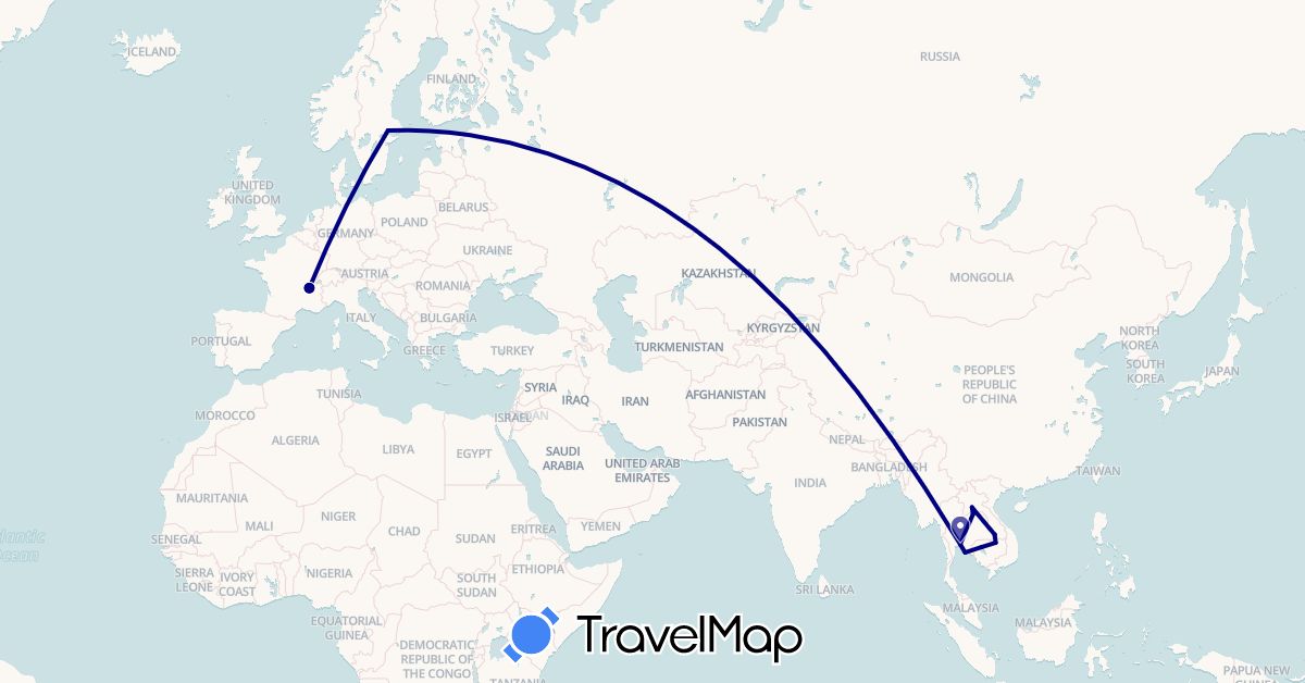TravelMap itinerary: driving in France, Cambodia, Laos, Sweden, Thailand (Asia, Europe)